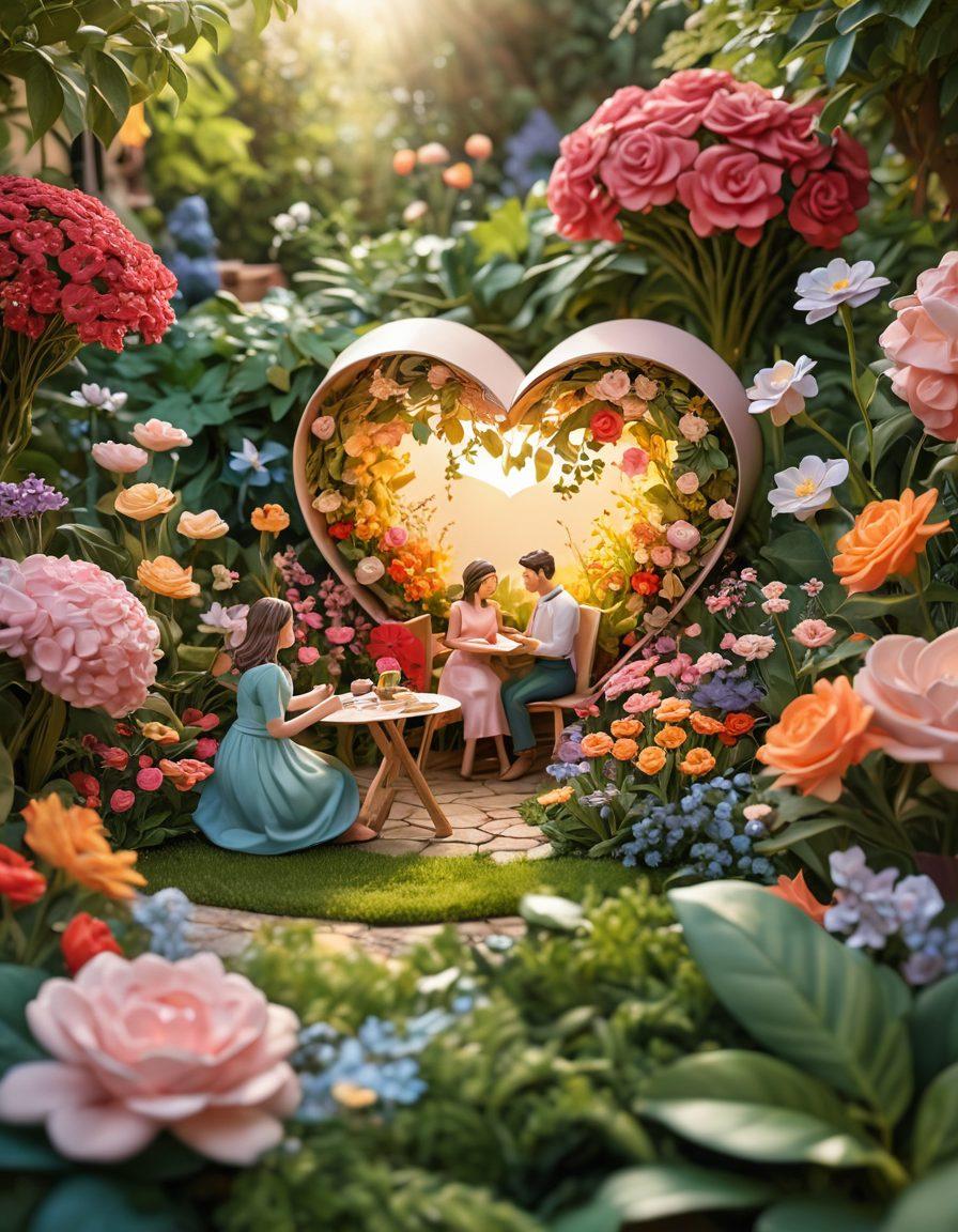 A whimsical garden scene filled with blooming flowers representing love, intertwined with subscription boxes overflowing with heart-shaped items and gifts, surrounded by couples happily exploring their offers. Gentle sunlight filters through the leaves, casting a soft glow on the interaction. Emphasize a sense of warmth and joy in relationships. vibrant colors. super-realistic.