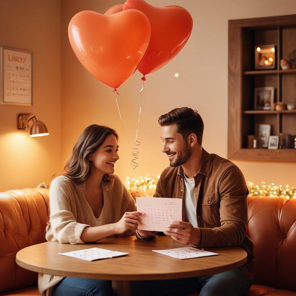 A romantic scene featuring a couple in a cozy café, discussing membership plans for exclusive date nights. Surround them with symbols of love like heart-shaped balloons and a calendar marked with special dates. Soft, ambient lighting enhances the intimate atmosphere, while a gentle breeze rustles nearby flowers. Add elements showcasing engagement with memberships, like a premium gift box or a phone displaying a subscription plan. super-realistic. warm color palette. soft focus.