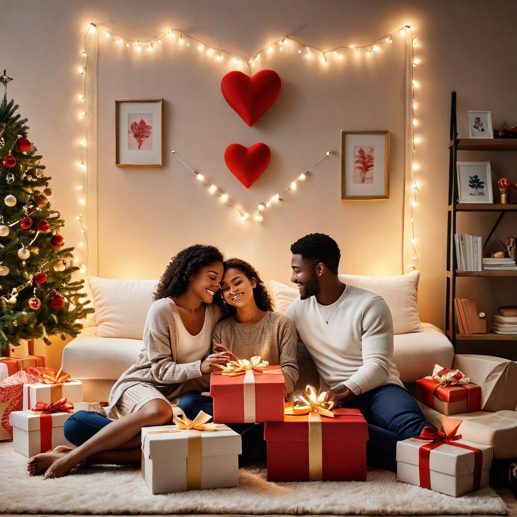A cozy living space filled with subscription boxes that symbolize love and connections—think heart-shaped, wrapped gifts that are bursting with joy. Include elements like a couple sharing a moment with these gifts, surrounded by soft lighting, and warm colors reflecting affection. The backdrop should hint at digital connectivity with subtle tech motifs. super-realistic. warm colors. inviting atmosphere.